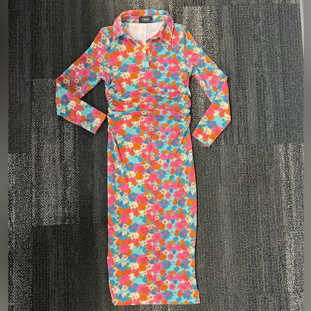 Cider Dress Floral Retro Bodycon Long Sleeve Collared Ruched Dress- Sz Medium